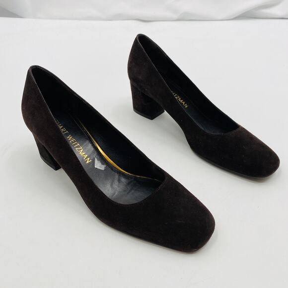 Stuart Weitzman 7 brown square toe block heels - Picture 2 of 7
